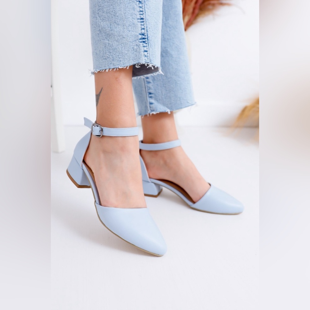 Light Blue Low Block Heels with Ankle Strap Size 10.5